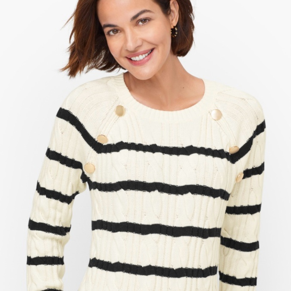 Talbots Petites cotton ivory/black stripe cableknit‎ crewneck sweater. Size Mp